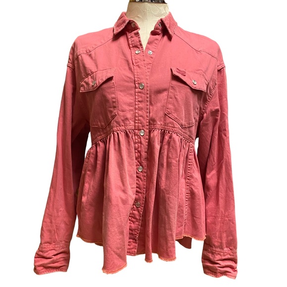 Free People Dylan Button Down Babydoll Top Size XS Solid Pink Snap Buttons - Picture 2 of 11